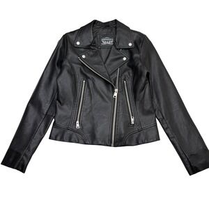 Levi Strauss Co Womens Black Faux Leather Moto Jacket Zipper Pockets Studs
